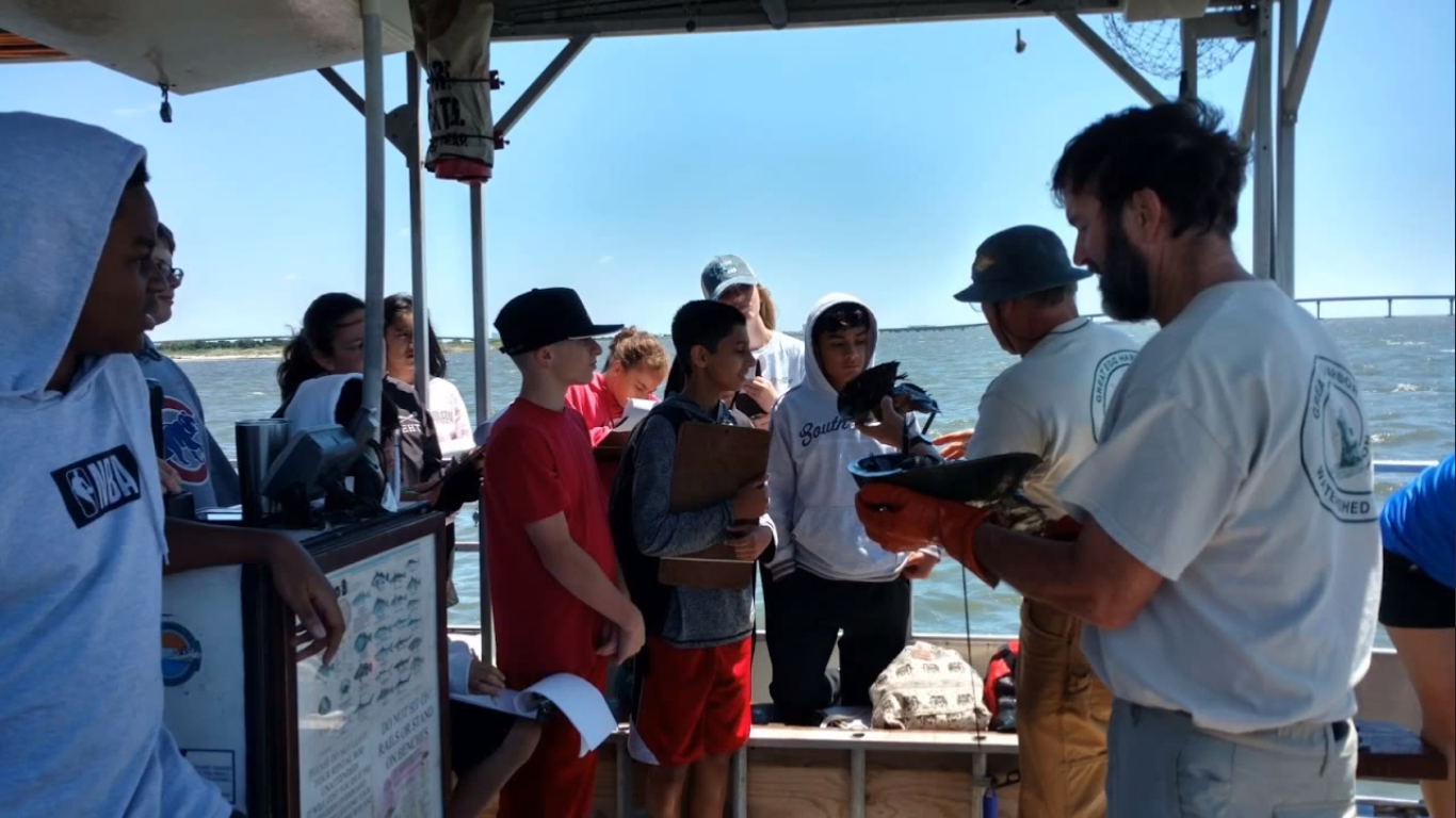 A group of students are standing around two men in gloves holding fish. The children are experiencing the educational event on the Duke of Fluke boat while fishing on the Great Egg Harbor Bay.