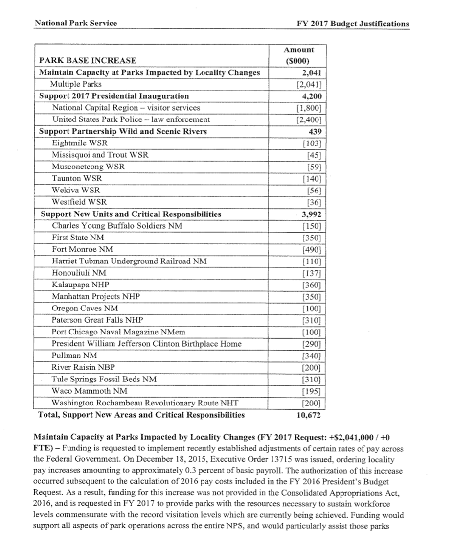 Page with table from the FY 2017 Greenbook providing base increase in budgeting for PWSRs, broken down by rivers