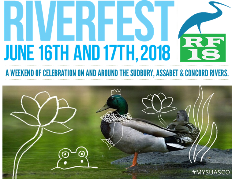 Flyer for Riverfest 2018 on the Sudbury, Assabet, & Concord Rivers. Riverfest 18 is held on June 16th and 17th. The image 